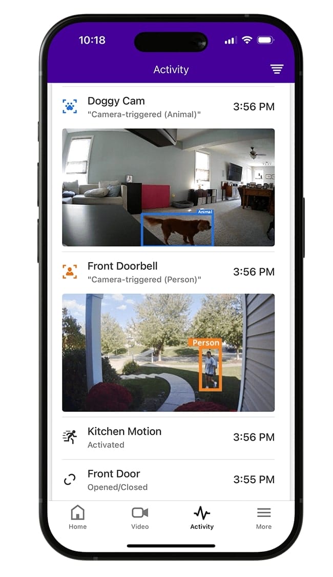 Guardian Protection mobile app opened on an iPhone to show a home's indoor camera and video doorbell live camera feed