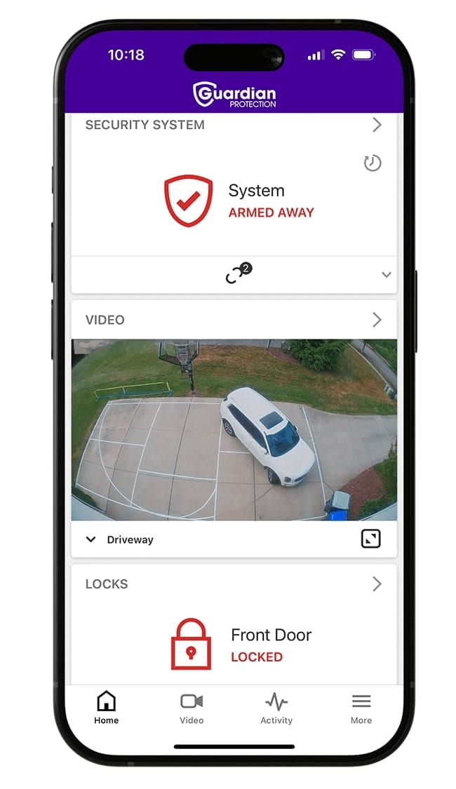 Guardian Protection mobile app opened on an iPhone to show a home's driveway view camera feed