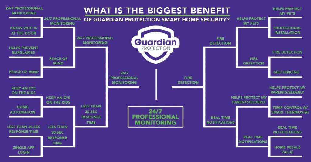 Bracket shows that the favorite benefit of home security devices is 24/7 professional monitoring.