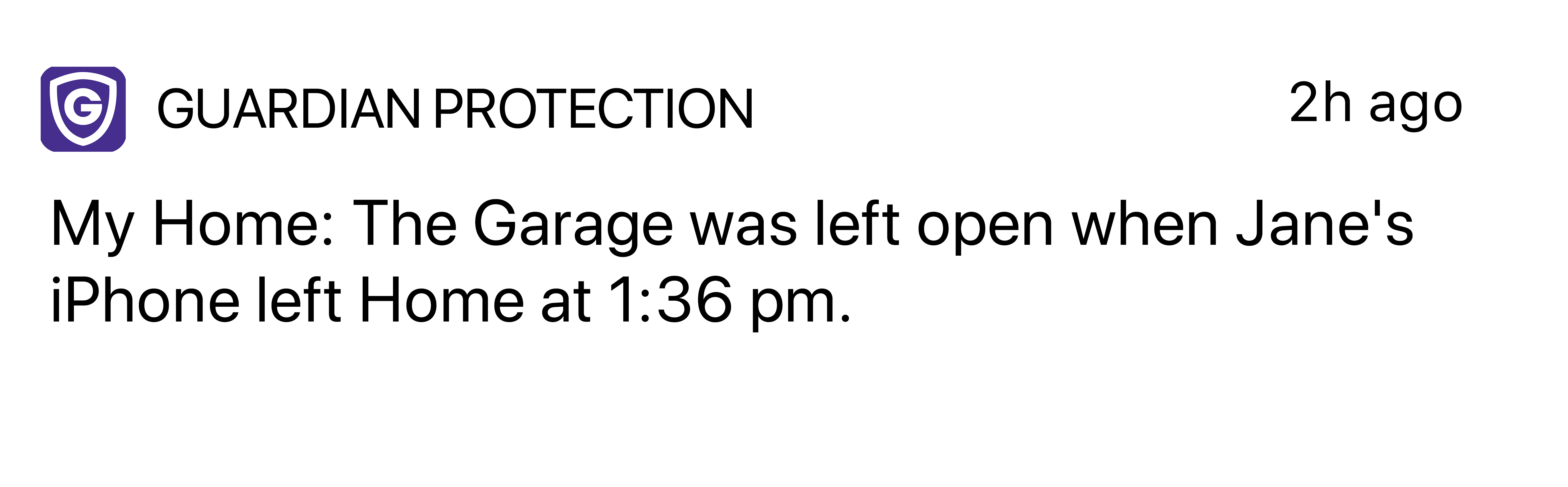 Text notification of Geo-Fencing feature on Guardian Protection's home security and automation app.