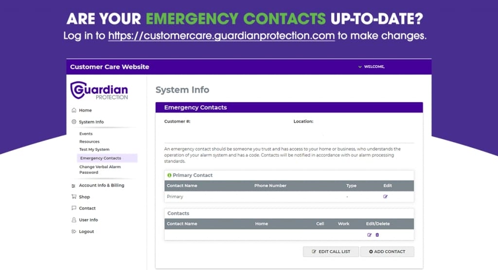 This image shows a screenshot of Guardian Protection's Customer Care Website Emergency Contacts page. 