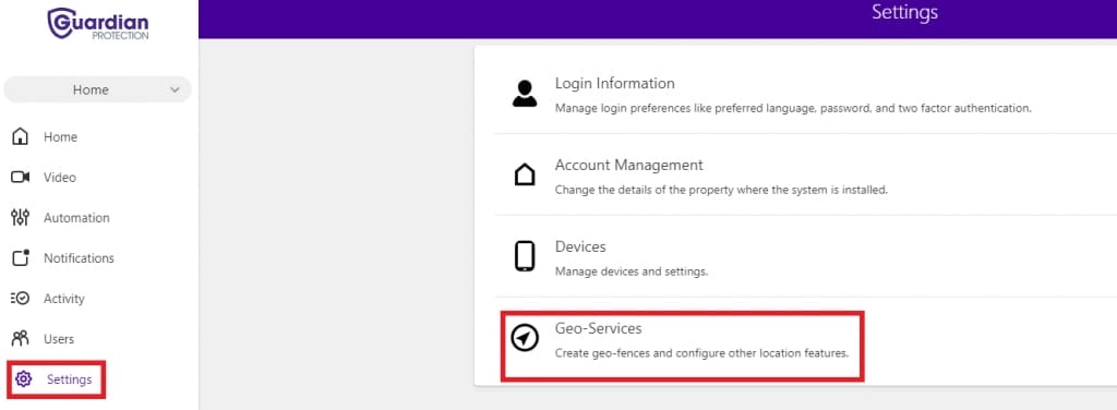 A screenshot shows how to turn on geo-services on the  MyGuardianHome.com