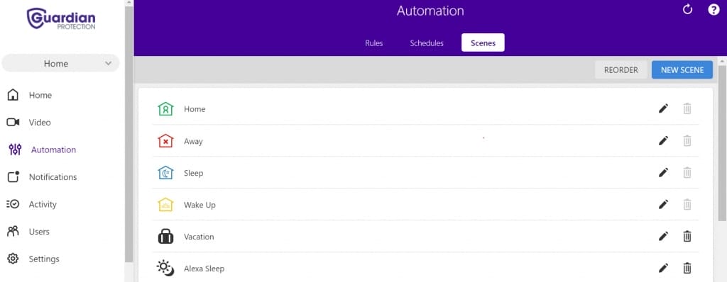 Screenshot of how to use MyGuardianHome.com to create and customize scenes.