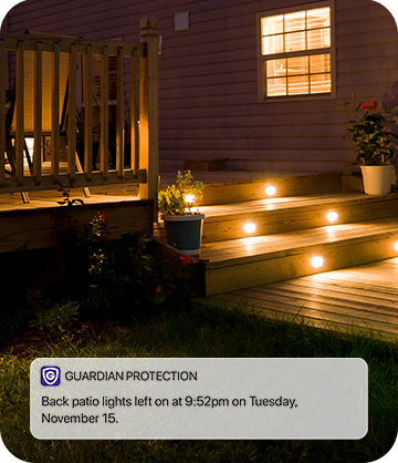 Lights on outside with a Guardian Protection notification letting user know that the patio lights are on