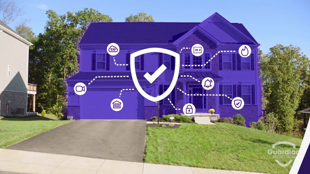 Home with icons showing placement of home security equipment