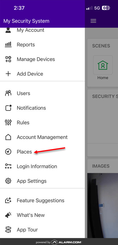 Screenshot from the Guardian Protection app showing where to find the Places option on the left side of the screen