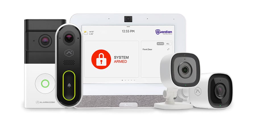 Guardian Protection small business security system, security panel with outdoor, indoor, and doorbell cameras