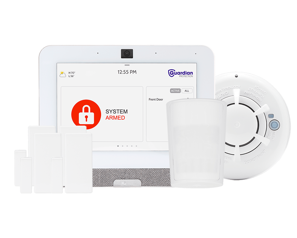 Guardian Protection home security system including a security panel, smoke alarm, and sensors.