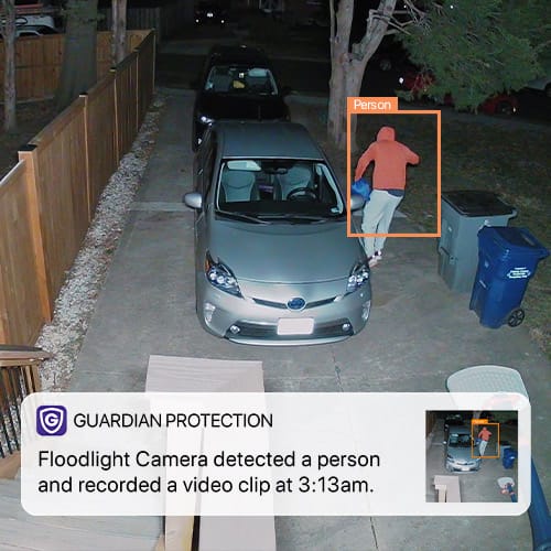 Guardian Protection's floodlight security camera catching an intruder in home's driveway with app alert of activity