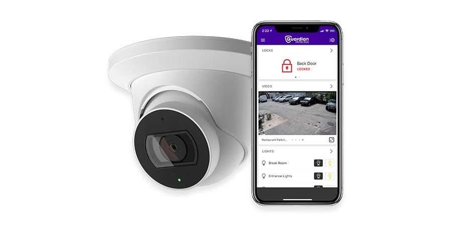 Business security camera with iPhone open to Guardian mobile app