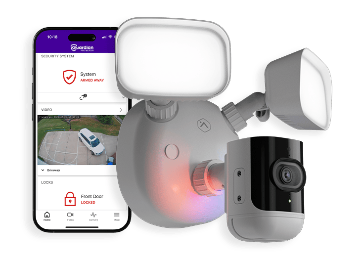 Guardian Protection's Floodlight Security Camera with smartphone opened up to the Guardian app
