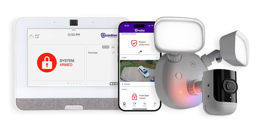 Guardian Protection's Floodlight Security Camera with Panel and smartphone opened to App
