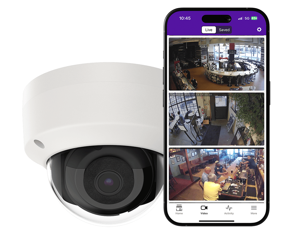Commercial grade security camera used for Restaurant Security with smart phone opened to the Guardian app.