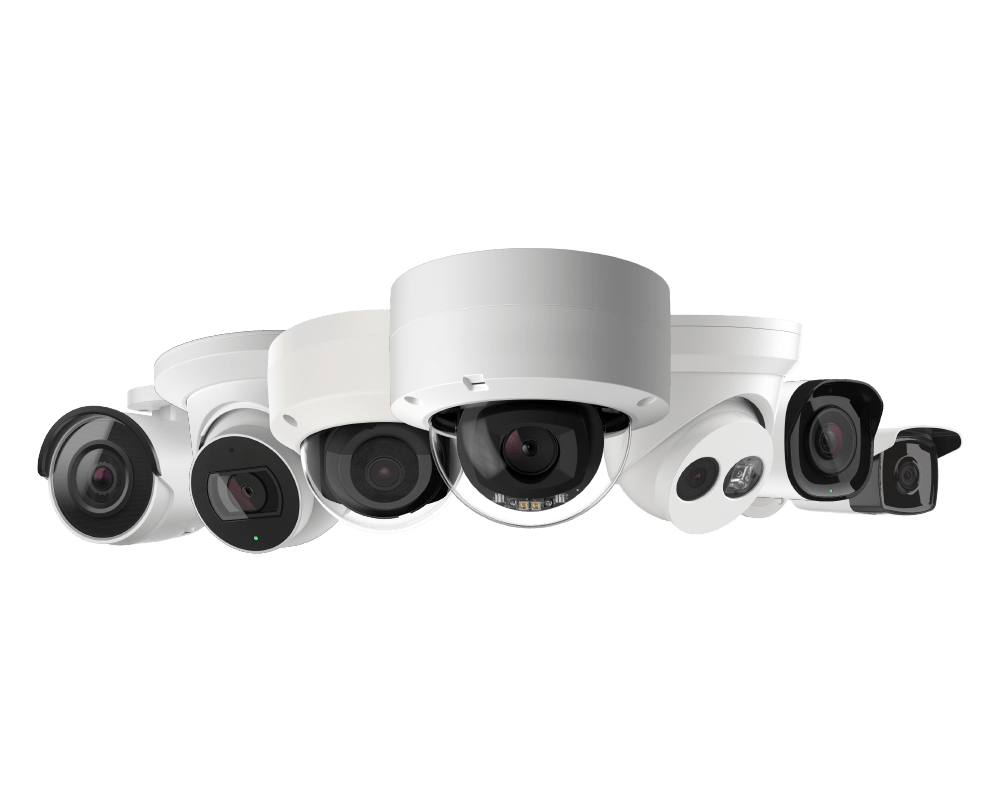 Various commercial security cameras shown in a row