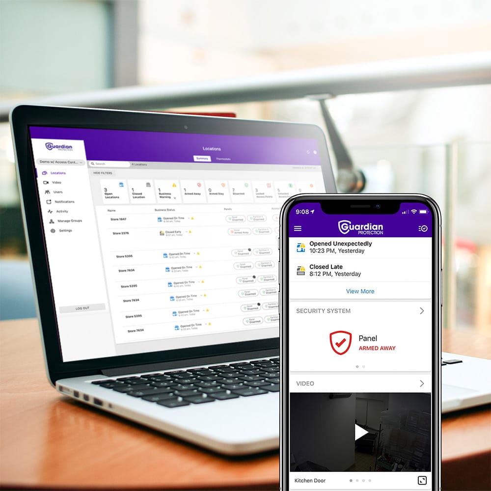 Guardian Protection Interactive Services dashboard open on both a computer desktop and smart phone