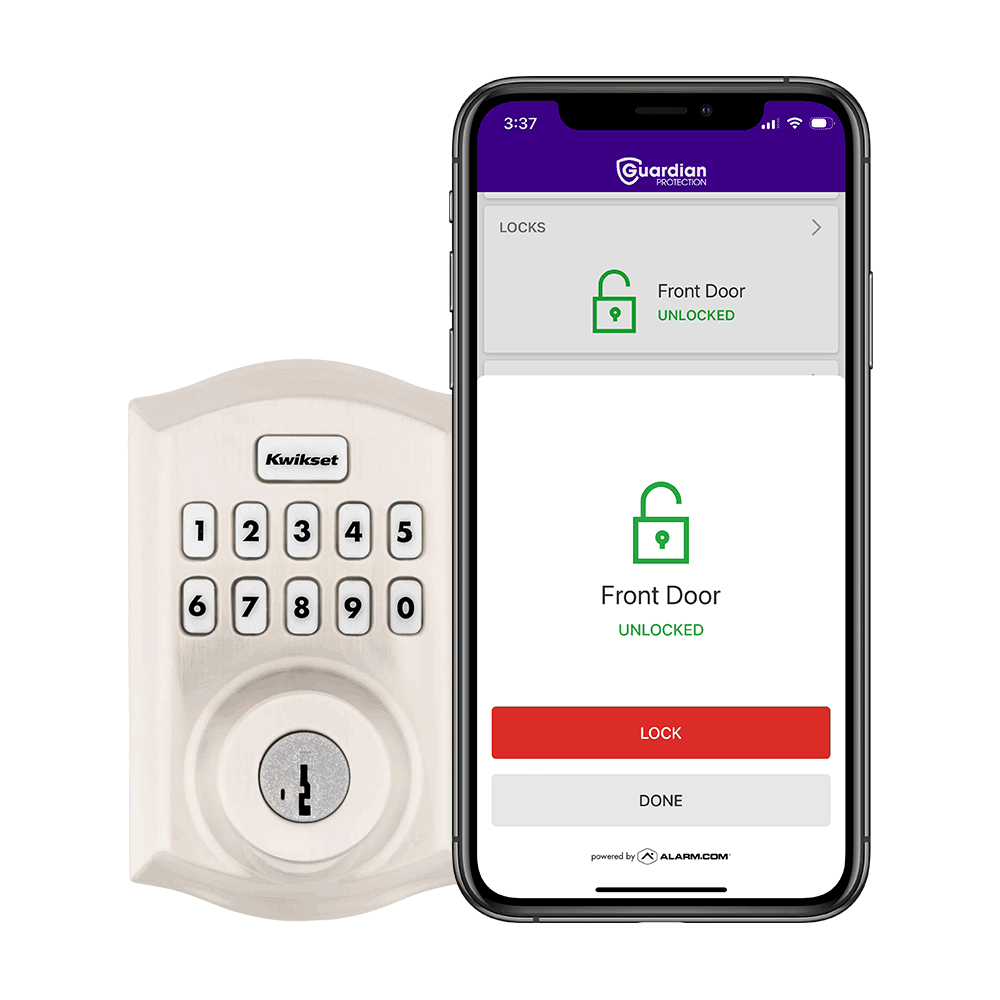 Guardian Protection smart door lock with smartphone open to the Guardian app to show its controls