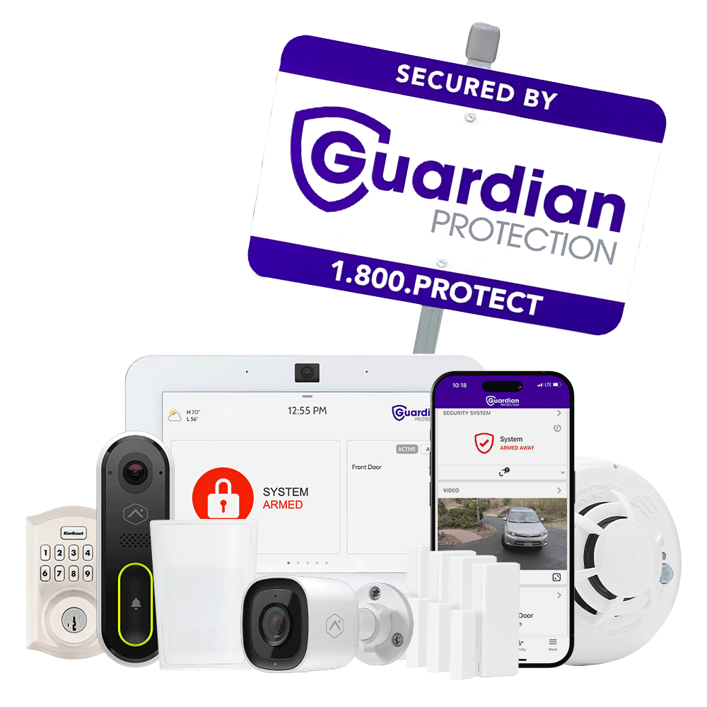 Devices included in The Burglar Buster Home Security Package with mobile app and Guardian Protection yard sign