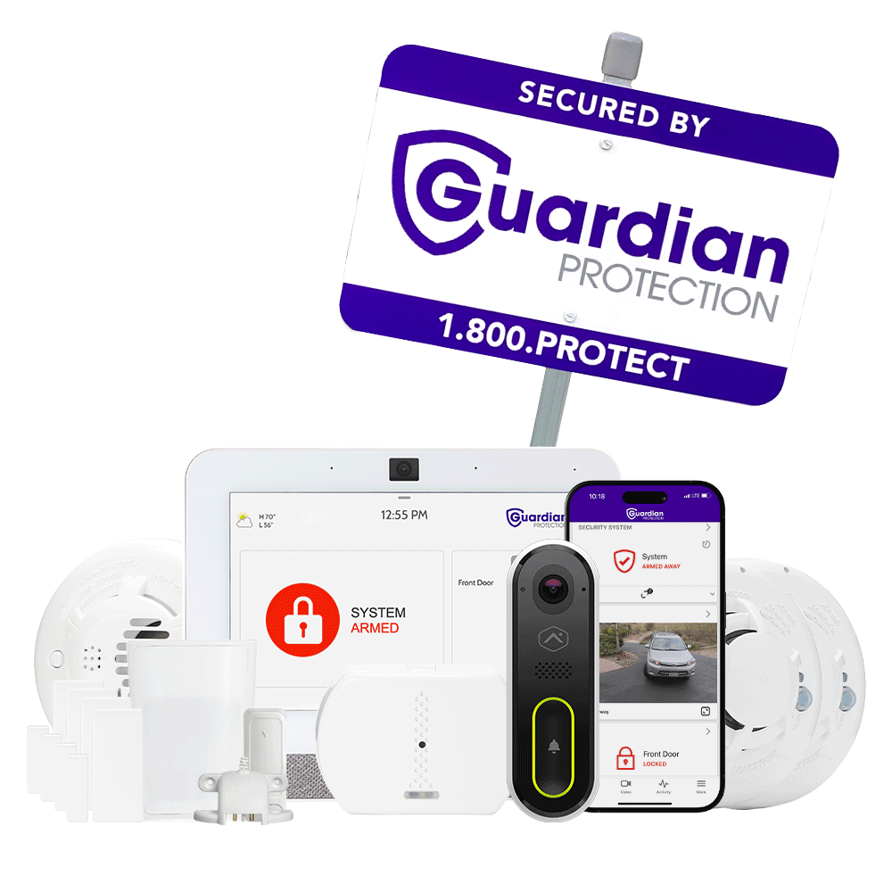 Devices included in The Life Safety Home Security Package with mobile app and Guardian Protection yard sign