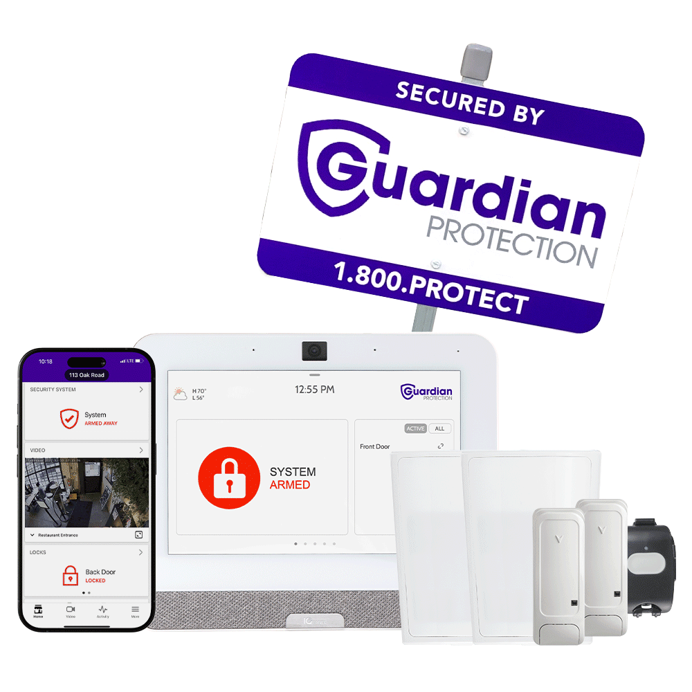 Devices included in The Small Business Security Package with mobile app and Guardian Protection yard sign