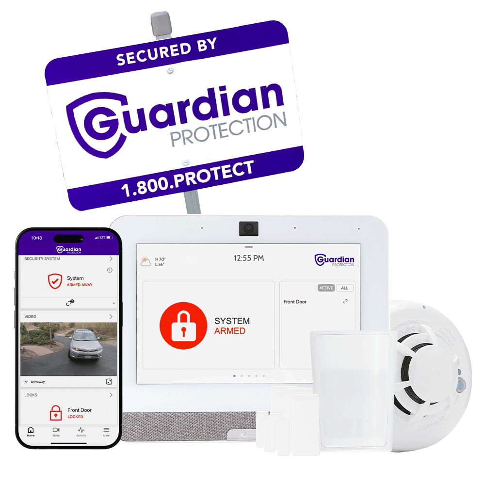 Devices included in The Essentials Home Security Package with mobile app and Guardian Protection yard sign