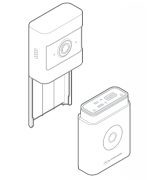 Instructional drawing showing how to remove the battery pack from the body of the wireless video doorbell. 