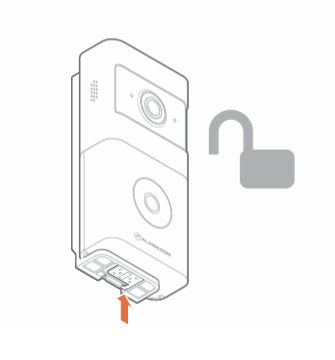 Instructional drawing showing where to unlock your bottom mount to remove it and access the wireless video doorbell's battery.