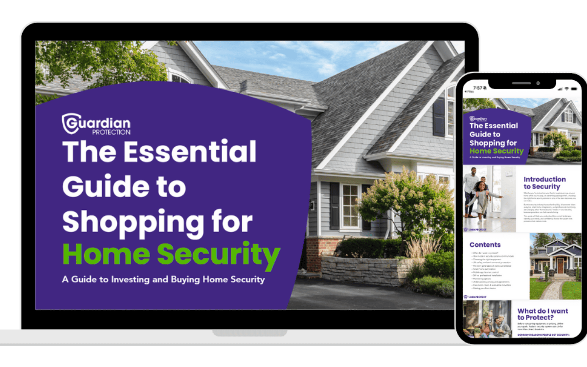 Guardian Protection's Home Security Buying Guide shown on both a tablet and mobile app