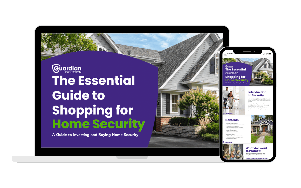 Guardian Protection's Home Security Buying Guide shown on both a tablet and mobile app