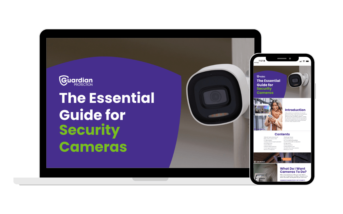 Guardian Protection's The Essential Guide for Home Security Cameras shown on both a tablet and mobile app